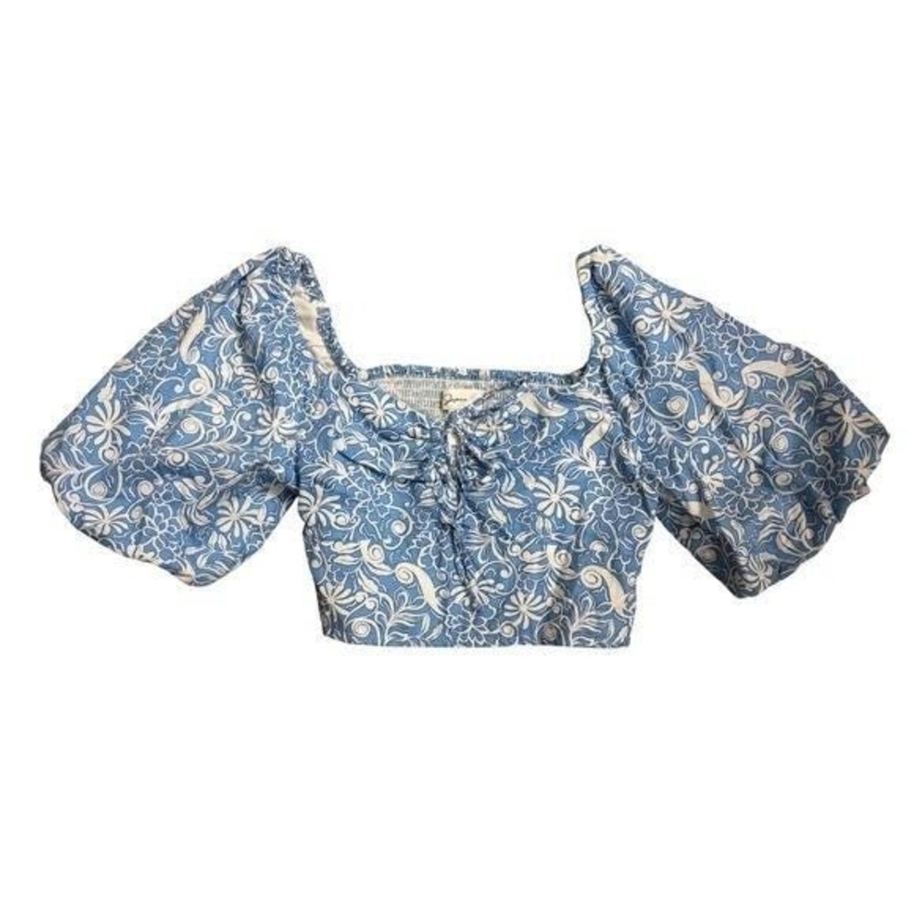 Japna Blue White Floral Smocked Square Neck Crop Top‎ Puff Sleeve Tie Front Sz M